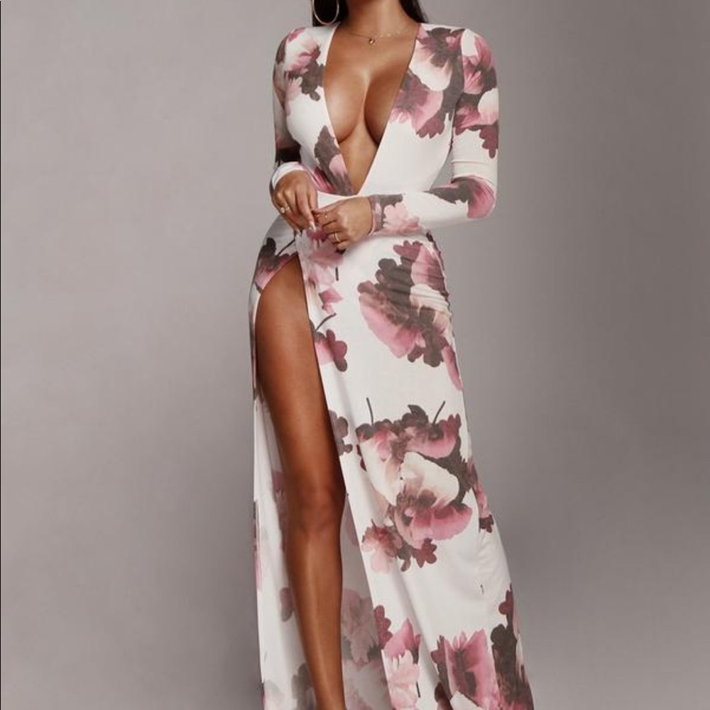 JLUXLABEL White High Slit floral Maxi skirt small